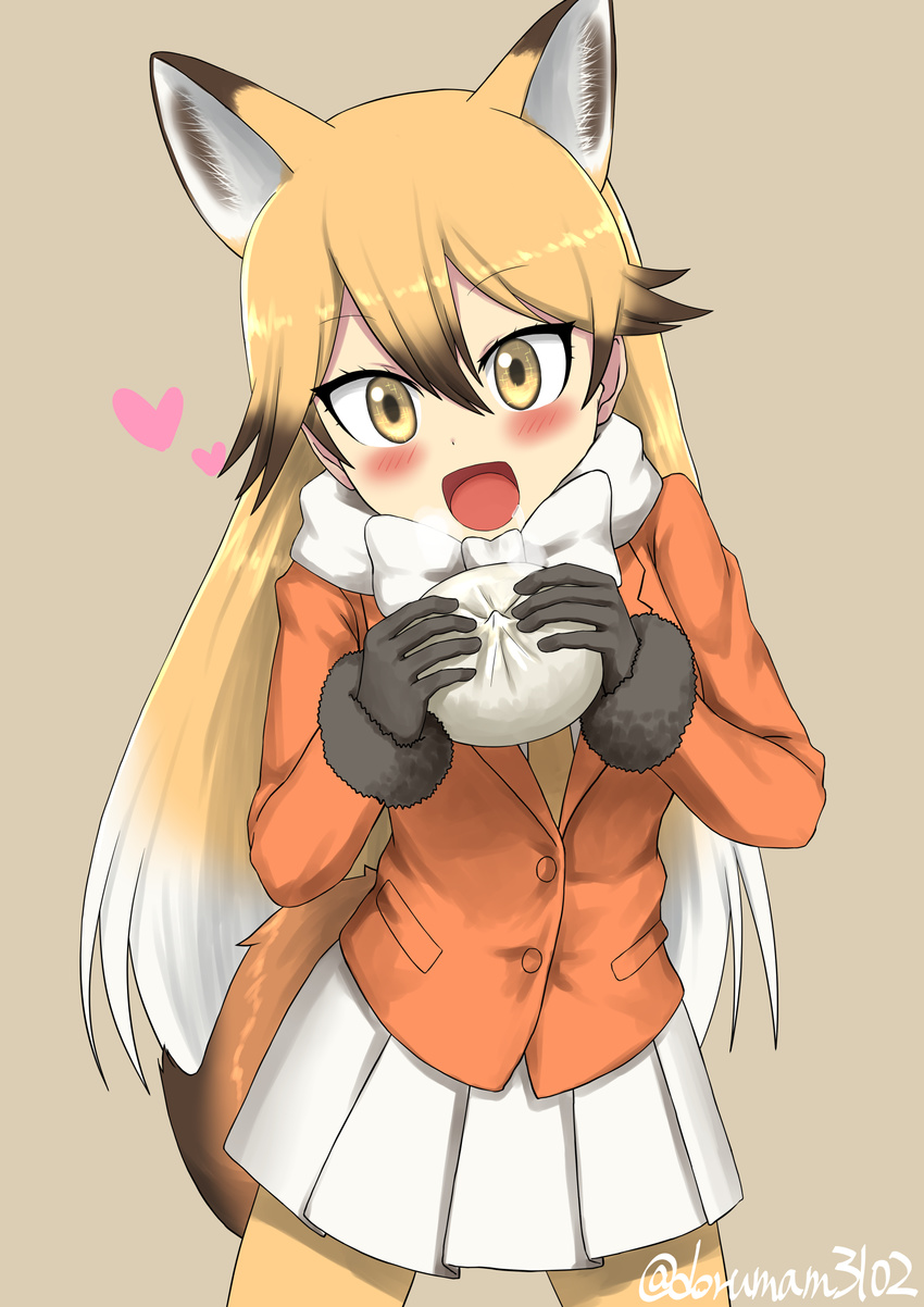 :d absurdres animal_ears baozi black_gloves blazer blonde_hair blush commentary_request cowboy_shot dorumam ezo_red_fox_(kemono_friends) female food fox_ears fox_tail gloves gradient_hair hair_between_eyes hair_flaps highres jacket kemono_friends long_hair looking_at_viewer multicolored_hair open_mouth pleated_skirt skirt smile solo tail white_skirt yellow_eyes