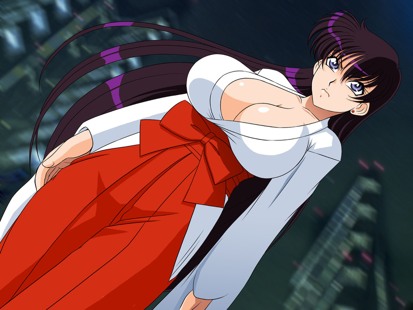 angry bishoujo_senshi_sailor_moon blue_eyes breasts cleavage earrings female glamour_works highres hino_rei huge_breasts japanese_clothes jewelry long_hair looking_away miko purple_hair sailor_mars solo standing wallpaper