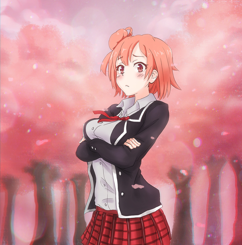 asymmetrical_hair blazer blush bow bowtie breast_hold breasts brown_eyes cowboy_shot crossed_arms female hair_bun highres imageboard_desourced jacket mascot_(4chan) non-web_source pink_hair plaid plaid_skirt red_bow red_bowtie red_skirt school_uniform short_hair single_hair_bun skirt sobu_high_school_uniform solo tree yahari_ore_no_seishun_lovecome_wa_machigatteiru. yuigahama_yui