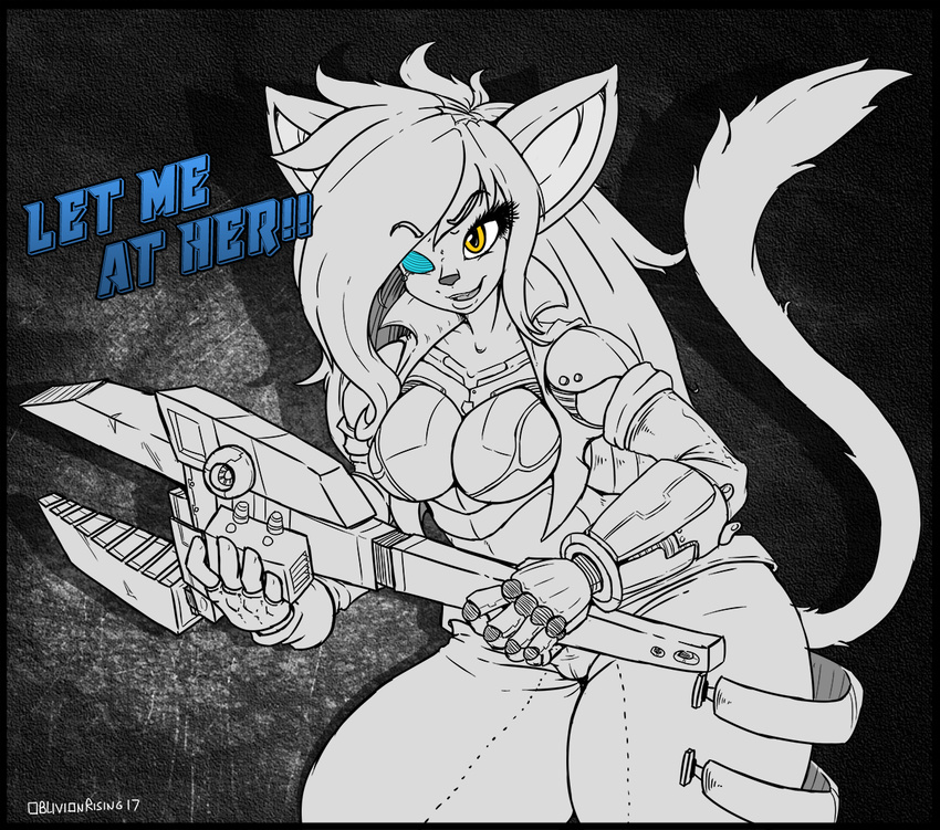 2017 5_fingers anthro big_breasts blonde_hair bottomwear breasts clothing cybernetic_arm cybernetic_eye cybernetic_hand cybernetic_limb cybernetics cyborg domestic_cat english_text felid feline felis female fingers front_view fur hair holding_object holding_tool holding_wrench jacket light_body light_fur light_jacket light_pants light_tail long_hair machine mammal oblivionrising orange_eyes pants portrait smile smirk solo straps text thick_thighs three-quarter_portrait tools topwear wide_hips wrench