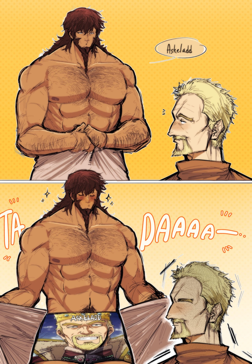 2boys abs askeladd bara beard bjorn_(vinland_saga) blonde_hair blue_eyes blush brown_hair character_print character_print_underwear_(one_piece) couple cowboy_shot dark-skinned_male dark_skin facial_hair full_beard hairy highres huge_pectorals long_hair male_focus male_underwear mature_male multiple_boys muscular muscular_male navel navel_hair nipples no_eyes opened_by_self print_male_underwear short_hair sparkling_aura sparse_chest_hair standing stomach strongman_waist surprised thick_beard thick_chest_hair thick_eyebrows thick_leg_hair thick_navel_hair topless_male underwear undressing very_hairy vinland_saga xzikill yaoi