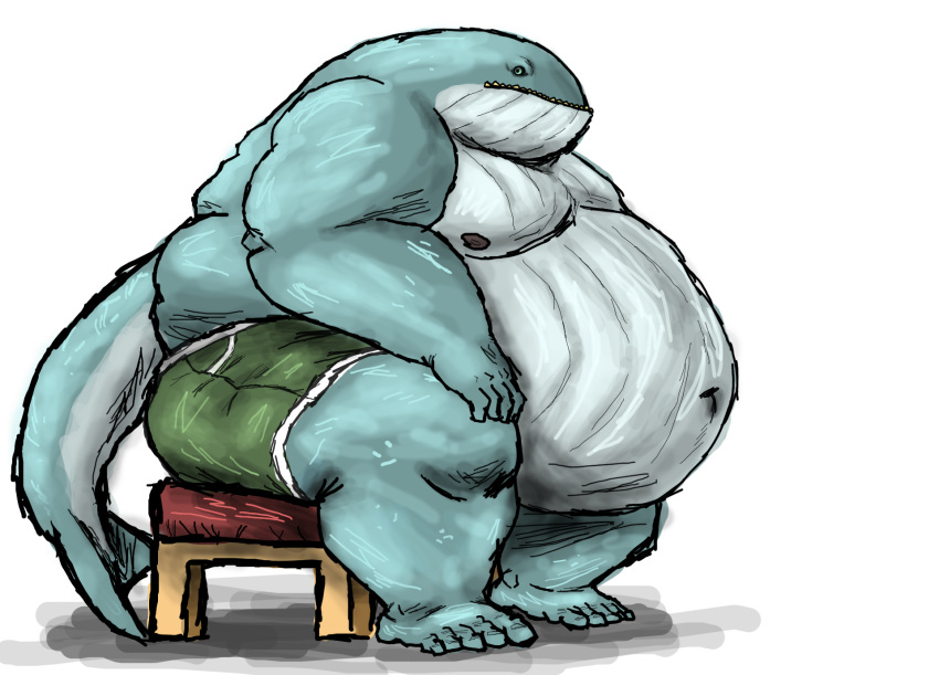 anthro belly big_belly blue_body bottomwear cetacean clothing comerboy75 furniture hand_on_leg hi_res male mammal marine moobs navel niall_ocinneide_(comerboy75) nipples obese obese_anthro obese_male overweight overweight_anthro overweight_male shorts simple_background sitting solo stool tail thick_thighs whale