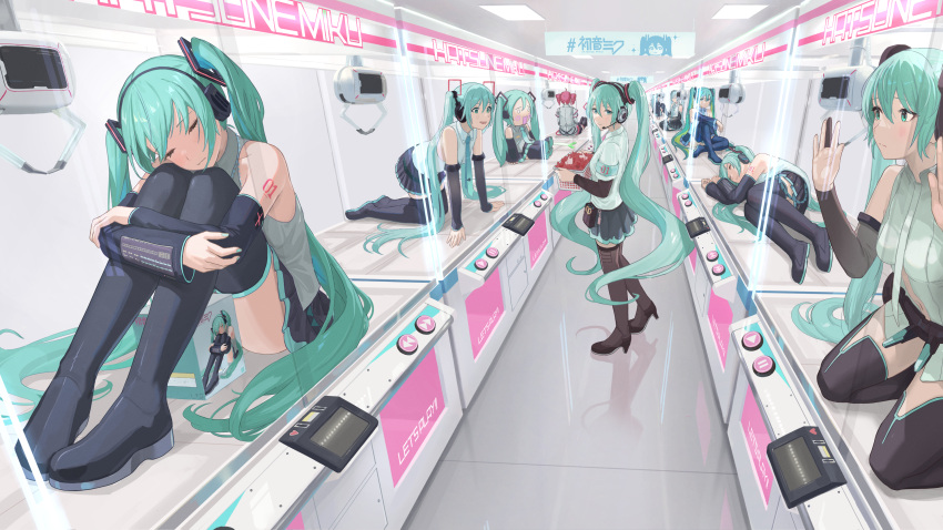 6+girls absurdres against_glass ahoge all_fours aqua_armband aqua_eyes aqua_hair aqua_nails aqua_necktie arm_tattoo basket black_footwear black_skirt blush blush_stickers boots ceiling_light center_opening character_name commentary crane_game detached_sleeves drill_hair foreshortening hachune_miku hand_on_glass hatsune_miku hatsune_miku_(append) hatsune_miku_(if) headphones headset highres holding holding_basket hugging_own_legs in_crane_game indoors kasane_teto kasane_teto_(sv) kneeling long_hair looking_at_another looking_at_viewer looking_to_the_side lying multiple_girls multiple_persona nail_polish navel necktie number_tattoo o_o on_side perspective pleated_skirt pouch red_hair reflective_floor scissors seiza shirt short_hair sitting skirt sleeveless sleeveless_shirt spring_onion standing synthesizer_v tadanotarosuke tattoo thigh_boots tie_clip twin_drills twintails utau very_long_hair vocaloid vocaloid_append