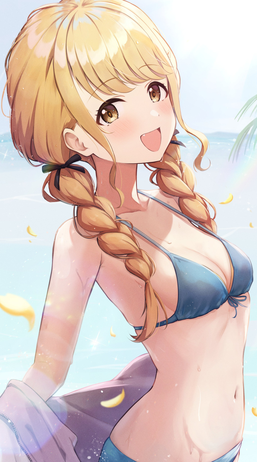 absurdres bikini blonde_hair blue_bikini blush braid breasts cleavage collarbone falling_petals female fujita_kotone gakuen_idolmaster hair_ribbon halterneck highres idolmaster jacket kimi_to_semi_blue_(idolmaster) long_hair looking_at_viewer masuku_(saint_mask) navel oerba_yun_fang open_clothes open_jacket outdoors palm_leaf petals ribbon sideboob smile solo stomach swimsuit twin_braids two-sided_fabric two-sided_jacket yellow_eyes