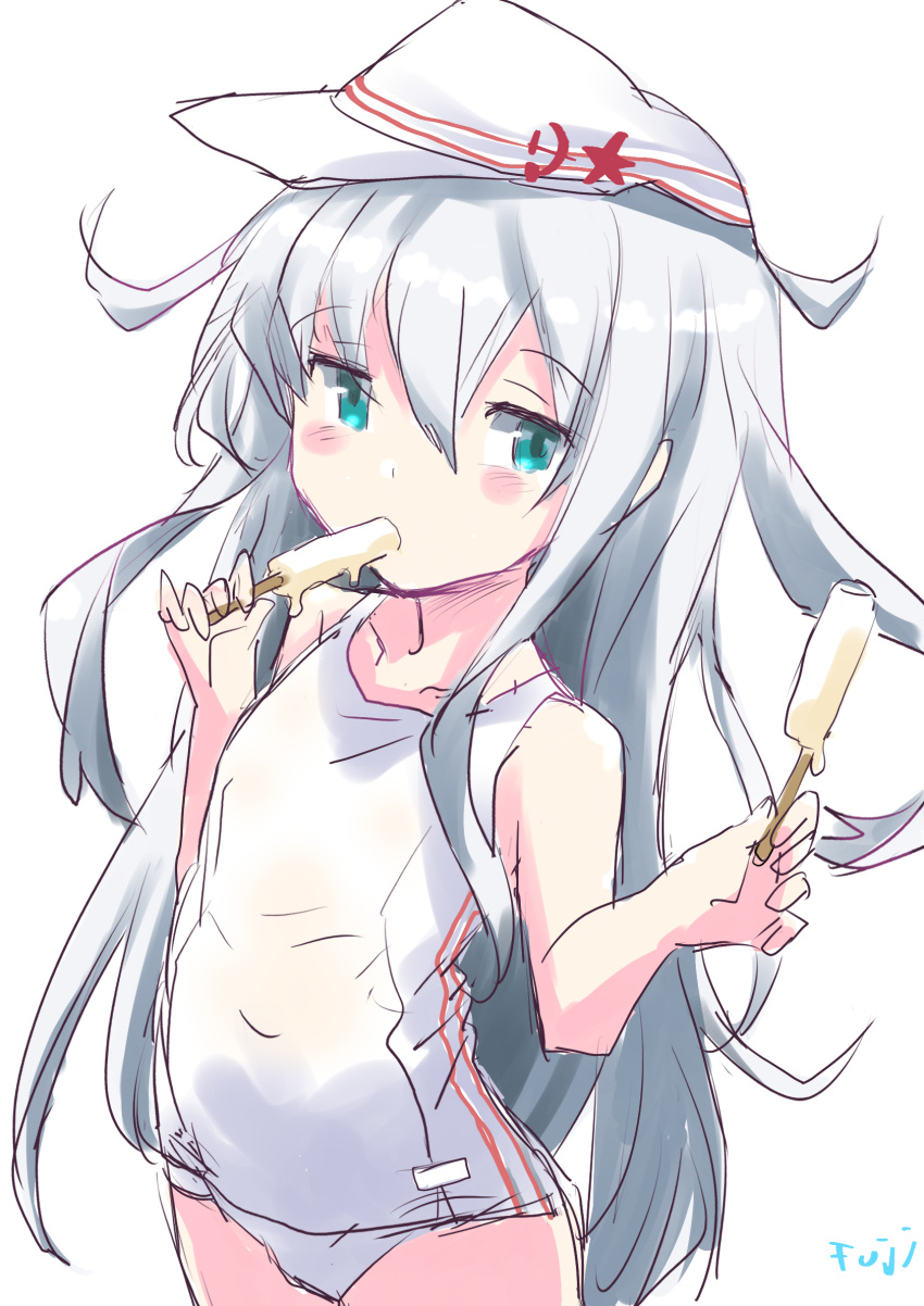 blue_eyes commentary_request cowboy_shot female flat_cap flat_chest food food_in_mouth fuji_(pixiv24804665) hammer_and_sickle hat hibiki_(kancolle) highres holding holding_food holding_popsicle kantai_collection long_hair looking_at_viewer melting one-piece_swimsuit popsicle popsicle_in_mouth school_uniform simple_background solo swimsuit verniy_(kancolle) white_background white_hair white_hat white_one-piece_swimsuit