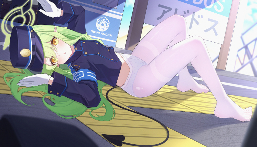 :< absurdres armband blue_archive blue_armband blue_jacket buttons demon_tail double-breasted feet female gloves green_hair halo hat highres hikari_(blue_archive) jacket leimimomomo long_hair long_sleeves looking_at_viewer lying mixed-language_commentary no_pants on_back on_floor open_mouth panties panties_under_pantyhose pantyhose pointy_ears polka_dot polka_dot_panties shako_cap solo tail thighband_pantyhose toes train_station_platform underwear white_gloves white_pantyhose yellow_eyes