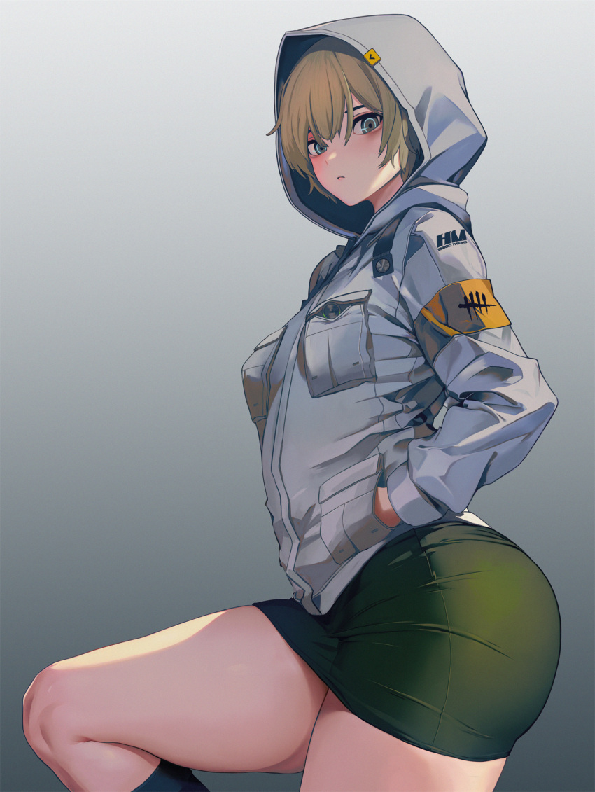 blonde_hair dead_by_daylight english_commentary female heather_mason highres hood hoodie jacket looking_at_viewer miniskirt pencil_skirt short_hair silent_hill_(series) silent_hill_3 simple_background skirt solo suzusiron thighs