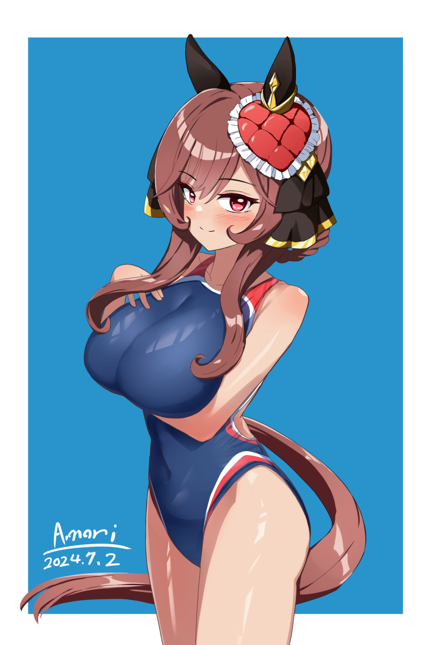 a.nori absurdres animal_ears artist_name blue_background blue_one-piece_swimsuit braided_hair_rings breast_lift breasts brown_hair competition_swimsuit dated ear_covers female gentildonna_(umamusume) heart-shaped_ornament heart_ear_ornament highleg highleg_one-piece_swimsuit highres horse_ears horse_girl horse_tail large_breasts looking_at_viewer one-piece_swimsuit red_eyes smile solo swimsuit tail two-tone_background umamusume