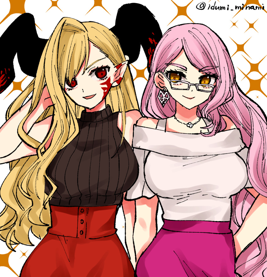 2girls asymmetrical_bangs bare_shoulders black_sweater blonde_hair breasts earrings facial_mark fate/grand_order fate_(series) glasses hair_over_one_eye highres horns izumi_minami jewelry koyanskaya_(fate) koyanskaya_(foreigner)_(first_ascension)_(fate) large_breasts long_hair looking_at_viewer multiple_girls necklace nero_claudius_(fate) open_mouth pink_hair pink_skirt pointy_ears queen_draco_(fate) queen_draco_(third_ascension)_(fate) red_eyes red_skirt shirt short_sleeves skirt sleeveless sleeveless_sweater sleeveless_turtleneck smile sweater tamamo_(fate) turtleneck white_shirt yellow_eyes