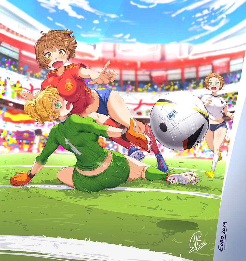 3girls aqua_eyes ball blonde_hair blue_sky blush breast_rest breasts breasts_on_head brown_eyes brown_hair crowd england english_flag euro_2024 gloves goalkeeper green_eyes jk_arts large_breasts multiple_girls original playing_sports short_hair shorts sky soccer soccer_ball soccer_field soccer_uniform spain sportswear stadium