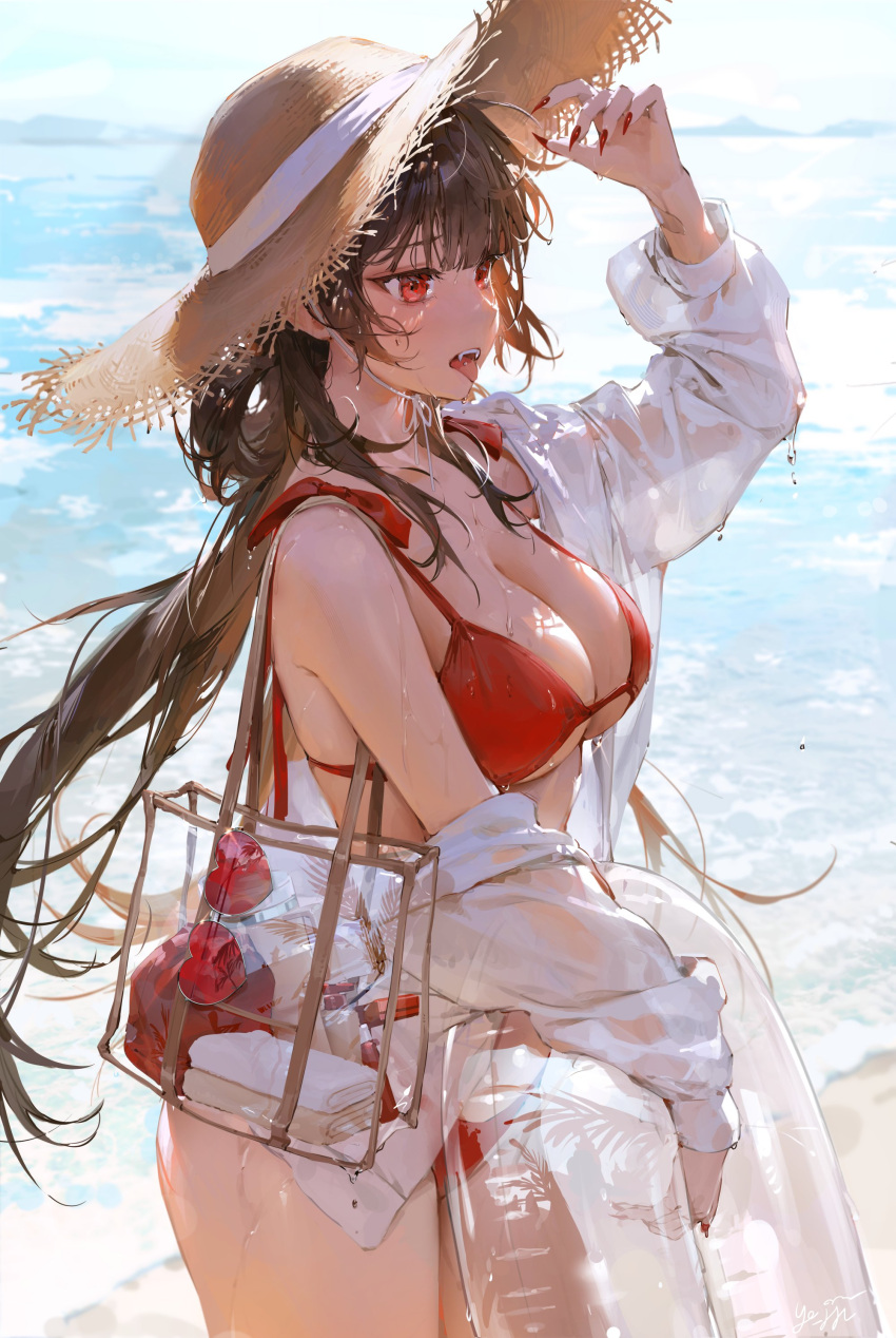 absurdres beach bikini blue_sky breasts brown_hair cleavage commentary cowboy_shot fangs female fingernails from_side furrowed_brow hair_between_eyes hat highres hot large_breasts long_hair looking_ahead nail_polish ocean open_mouth original outdoors red_bikini red_eyes red_nails sand sidelocks sky solo standing straw_hat sunlight swimsuit symbol-only_commentary thighs tongue tongue_out water wet ye_jji