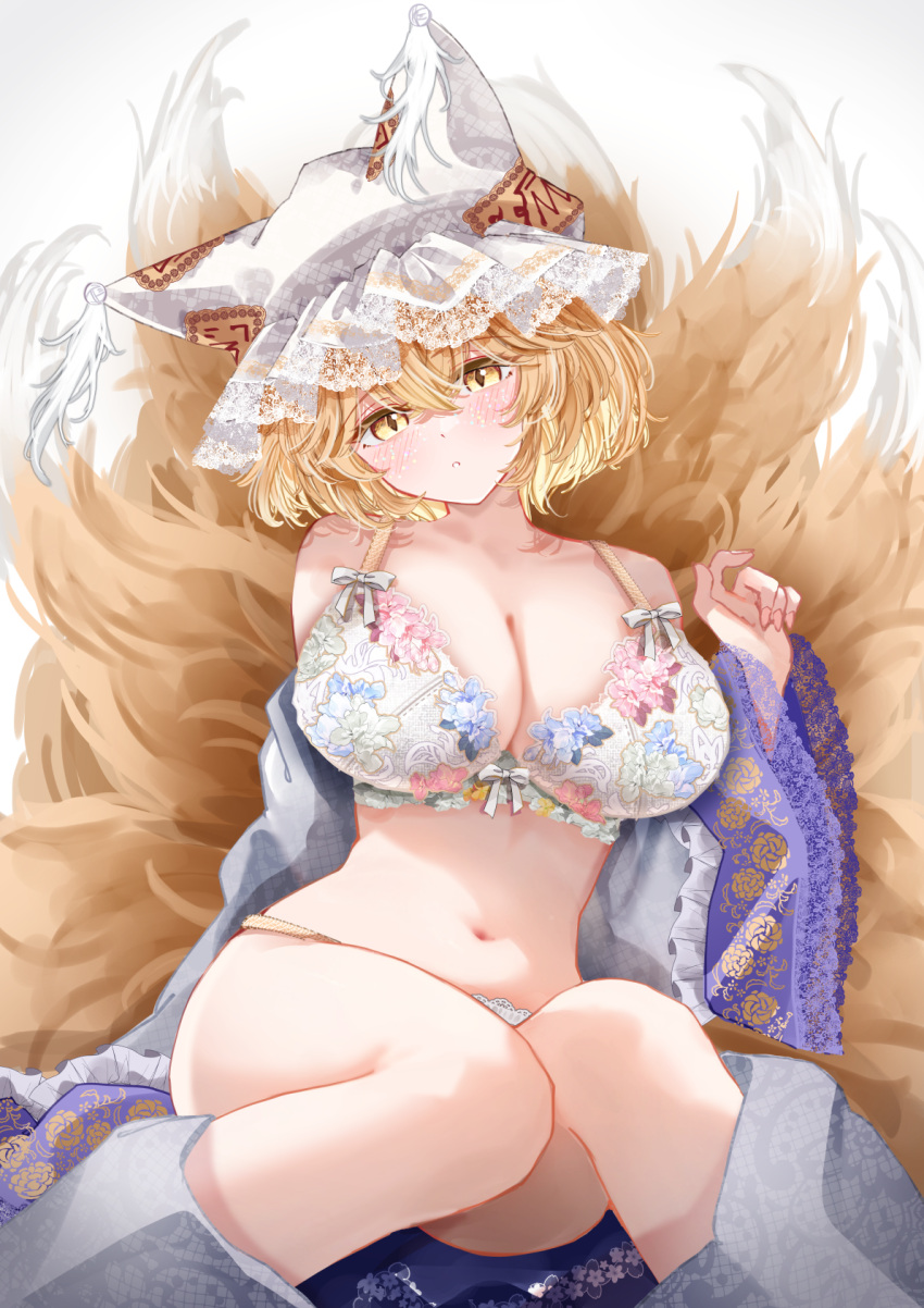 animal_ears bare_shoulders blonde_hair blush bra breasts cleavage female fox_ears fox_girl fox_tail hat head_tilt highres kitsune kyuubi lace-trimmed_bra lace-trimmed_panties lace_trim large_breasts looking_at_viewer mob_cap multiple_tails navel off_shoulder open_clothes panties sarasadou_dan simple_background sitting solo tail touhou underwear white_background white_bra white_hat white_panties yakumo_ran yellow_eyes