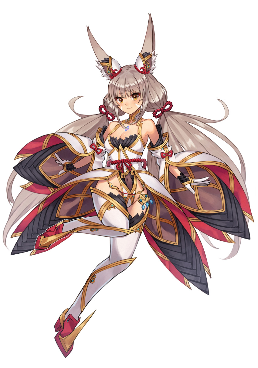 20060715 absurdres animal_ear_fluff animal_ears breasts cat_ears cleavage closed_mouth covered_navel facial_mark female full_body gloves grey_hair highres looking_at_viewer nia_(blade)_(xenoblade) nia_(xenoblade) smile solo thighhighs twintails white_background white_gloves white_thighhighs xenoblade_chronicles_(series) xenoblade_chronicles_2