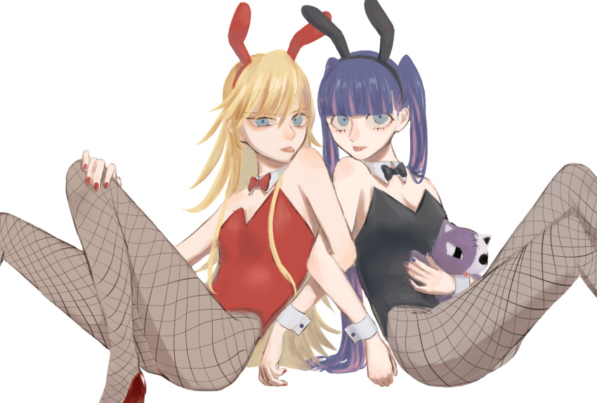 2girls black_bow black_bowtie blonde_hair blue_eyes bow bowtie detached_collar domonjoshamambe fishnet_pantyhose fishnets gainax highres holding holding_stuffed_toy multicolored_hair multiple_girls panty_&_stocking_with_garterbelt panty_(psg) pantyhose playboy_bunny purple_hair purple_nails red_bow red_bowtie red_nails stocking_(psg) stuffed_toy tongue tongue_out twintails two-tone_hair white_background wrist_cuffs