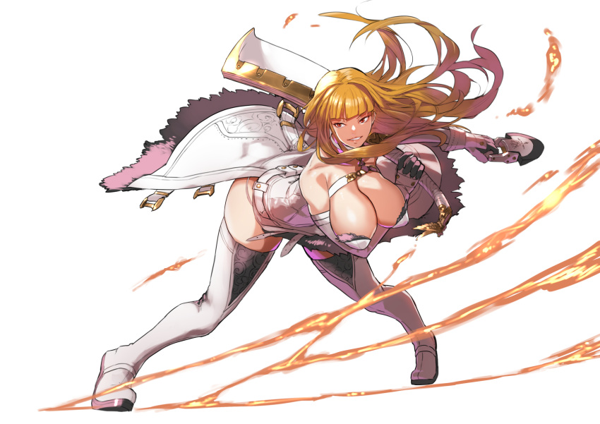 bare_shoulders blonde_hair blunt_bangs blush breasts cleavage dress elbow_gloves female floating_hair full_body gloves hamushima highres holding holding_weapon huge_breasts magical_grim original red_eyes smile solo thighs weapon white_background white_dress