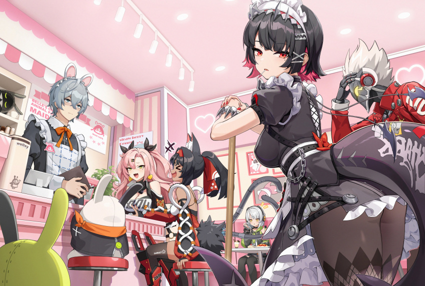 4girls absurdres amillion_(zenless_zone_zero) anby_demara bangboo_(zenless_zone_zero) billy_kid black_hair blush breasts cafe candy colored_inner_hair eating ellen_joe eous_(zenless_zone_zero) fins fish_tail food highres lollipop maid_cafe maid_headdress multicolored_hair multiple_girls nekomiya_mana nicole_demara red_eyes red_hair shark_tail short_hair solo tail wellsy wise_(zenless_zone_zero) zenless_zone_zero