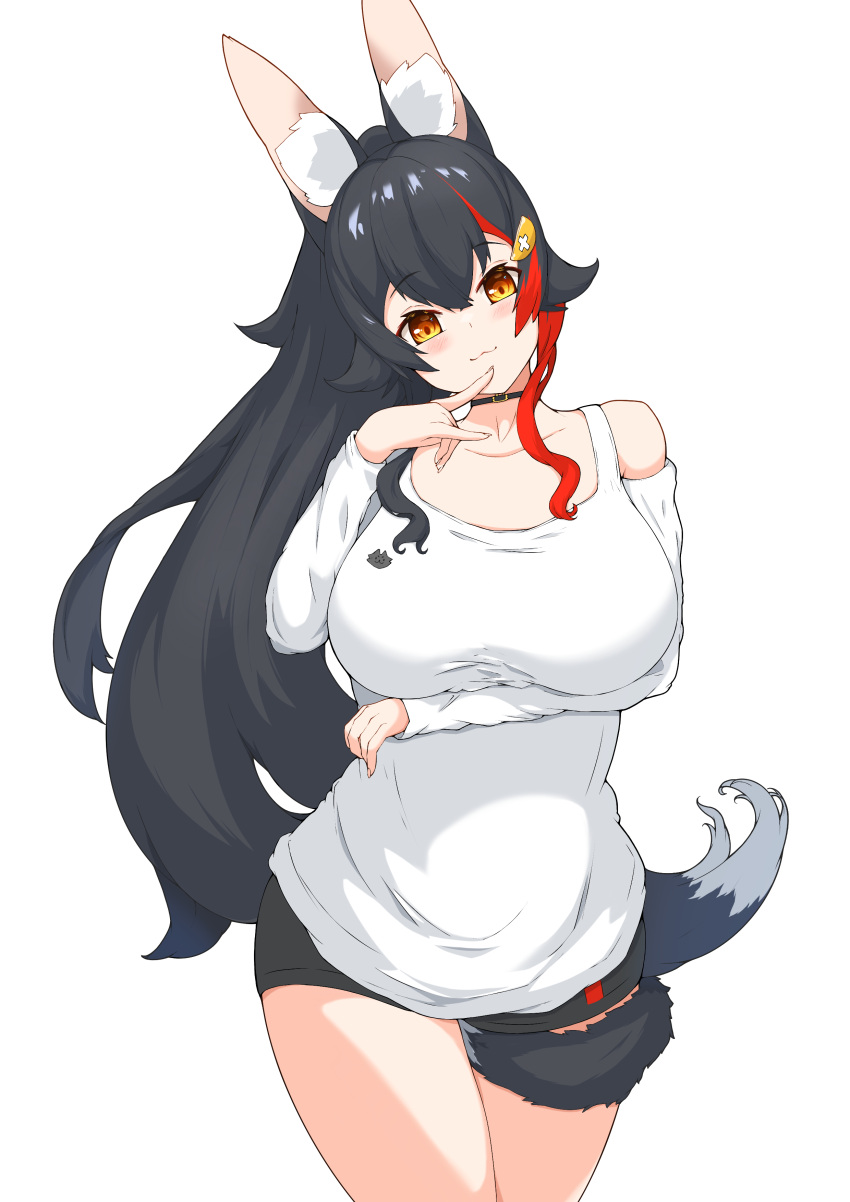 :3 absurdres alternate_breast_size animal_ears arm_under_breasts asymmetrical_clothes asymmetrical_shirt black_hair black_shorts blush breasts brown_eyes closed_mouth clothing_cutout commentary_request curvy female finger_to_own_chin flipped_hair hair_ornament hairclip highres hololive large_breasts long_hair long_sleeves looking_at_viewer mawaru_chikuwa official_alternate_costume ookami_mio ookami_mio_(casual) red_hair shirt short_shorts shorts shoulder_cutout sidelocks simple_background smile solo spiked_hair tail tail_around_own_leg tail_wrap taut_clothes taut_shirt transparent_background very_long_hair virtual_youtuber white_shirt wolf_ears wolf_girl wolf_tail