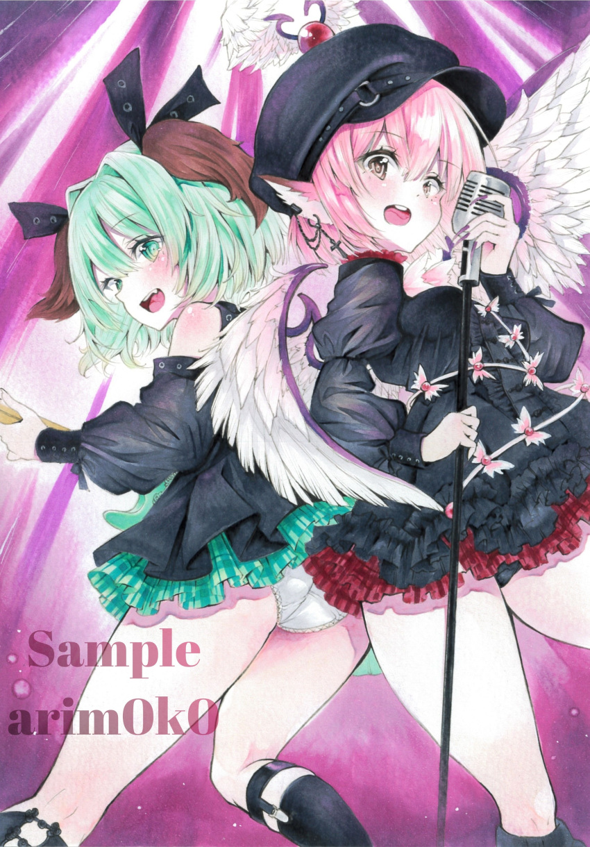 2girls absurdres alternate_costume animal_ear_piercing animal_ears arim0k0 artist_name ass bird_ears bird_wings black_dress black_hat black_panties blush brown_eyes commentary dog_ears dress green_eyes green_hair hat highres kasodani_kyouko legs looking_at_viewer marker_(medium) microphone_stand multiple_girls mystia_lorelei open_mouth panties pantyshot peaked_cap pink_hair sample_watermark short_hair teeth touhou traditional_media underwear upper_teeth_only watermark white_panties wings