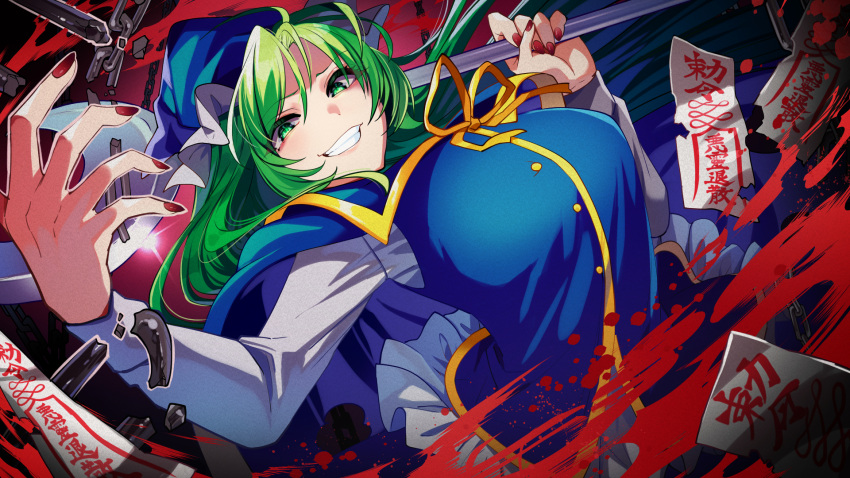 arched_back blue_cape blue_hat blue_vest broken broken_chain cape chains charm_(object) commentary_request female green_eyes green_hair grin hat highres holding holding_staff katayama_kei long_hair long_sleeves looking_at_viewer mima_(touhou) red_nails ribbon shirt smile solo staff touhou touhou_(pc-98) upper_body vest white_shirt wizard_hat yellow_ribbon