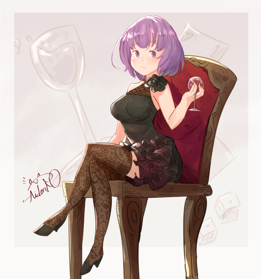 alcohol alternate_costume arm_at_side artist_name bare_shoulders black_dress black_footwear black_thighhighs bob_cut border breasts closed_mouth commentary crossed_legs cup cupping_glass dress drink drinking_glass english_commentary female floral_print floral_print_thighhighs frilled_dress frills full_body grey_background grey_border hai_to_gensou_no_grimgar high_heels highres holding holding_cup holding_drink looking_at_viewer medium_breasts on_chair outside_border print_thighhighs purple_eyes purple_hair shihoru_(grimgar) shoes short_dress short_hair sidelocks signature sitting sleeveless sleeveless_dress solo spindle_(aidenr0) split_mouth thighhighs wine wine_glass