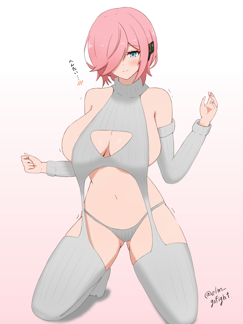 absurdres artist_name bare_shoulders barrett_(cryptract) blue_eyes blush breasts cleavage_cutout closed_mouth clothing_cutout cryptract detached_sleeves entero_gofight hair_over_one_eye highres kneeling large_breasts meme_attire navel pink_hair sideboob simple_background solo translated turtleneck virgin_destroyer_sweater