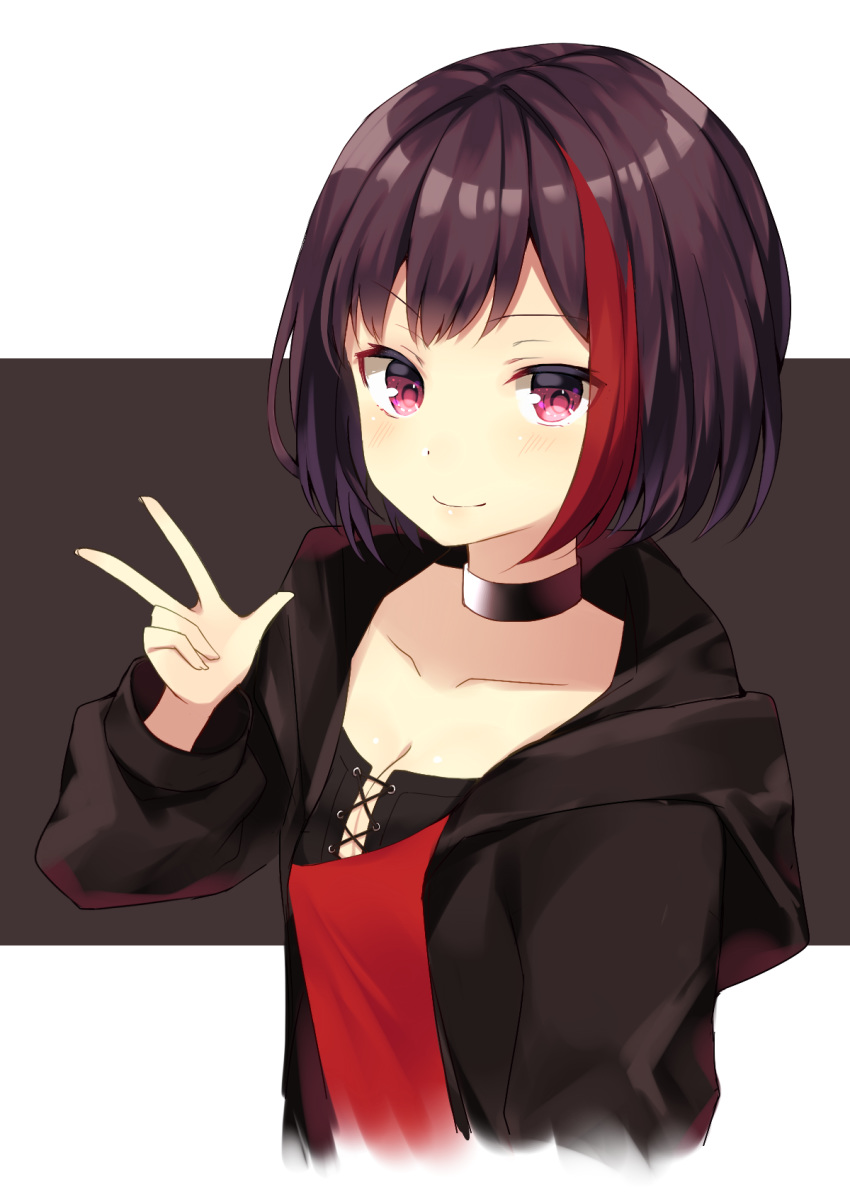 >:) bang_dream! black_background black_choker black_hair black_jacket blush breasts choker cleavage closed_mouth collarbone commentary_request cropped_torso female hand_up highres hood hood_down hooded_jacket jacket komomo_(ptkrx) long_sleeves looking_at_viewer mitake_ran multicolored_hair open_clothes open_jacket puffy_long_sleeves puffy_sleeves red_eyes red_hair small_breasts smile solo streaked_hair two-tone_background upper_body v-shaped_eyebrows w white_background