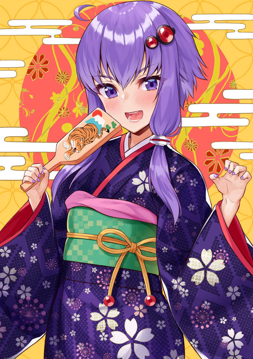 absurdres animal_print blush claw_pose commentary egasumi female fingernails fireworks_print floral_print hagoita hair_between_eyes hair_ornament highres holding japanese_clothes kimono lips long_sleeves nail_polish obi open_mouth paddle print_kimono purple_eyes purple_hair purple_kimono purple_nails red_sun sakuramon sash seigaiha short_hair_with_long_locks smile solo tenneko_yuuri tiger upper_body vocaloid voiceroid wide_sleeves yuzuki_yukari