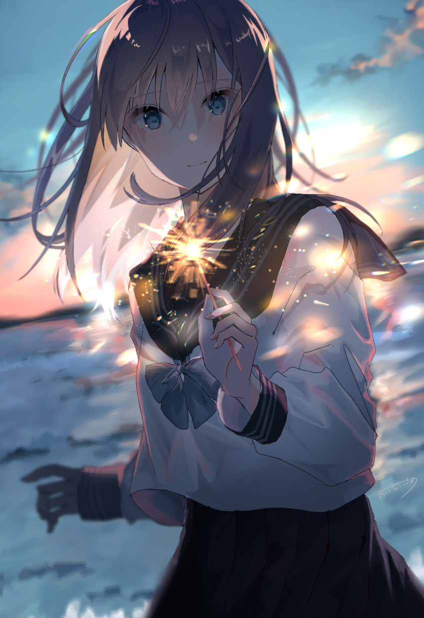 backlighting blue_eyes brown_hair cloud female fireworks highres holding long_hair original outdoors pleated_skirt ribbon school_uniform skirt sky solo sparkler sunset sutera_sea water