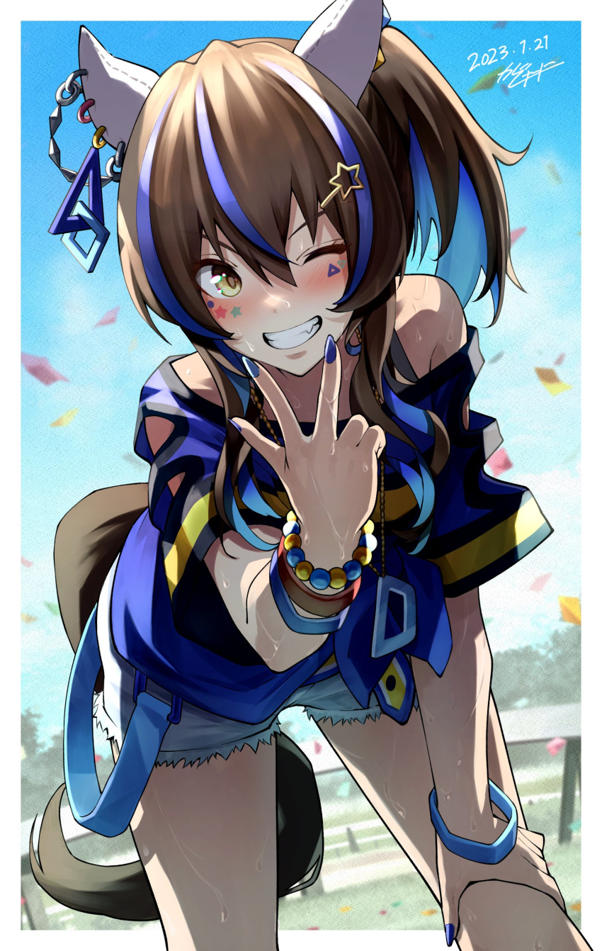 absurdres animal_ears bead_bracelet beads bent_over blue_nails blue_shirt blush bracelet brown_hair clothing_cutout colored_inner_hair confetti cowboy_shot cutoffs daitaku_helios_(umamusume) dated ear_covers ear_piercing facial_tattoo feet_out_of_frame female gashitani grin hair_ornament hairclip hand_on_own_thigh highres horse_ears horse_girl horse_tail jewelry leaning_forward long_hair looking_at_viewer medium_hair multicolored_hair one_eye_closed outdoors piercing shirt short_shorts short_sleeves shorts side_ponytail signature smile solo standing streaked_hair sweat tail tattoo two-tone_hair umamusume v v_over_mouth white_shorts wristband yellow_eyes