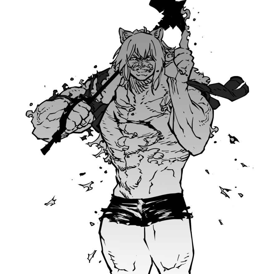 arknights brass_knuckles cowboy_shot escanor facial_hair female greyscale grin hand_up highres holding holding_weapon index_finger_raised looking_at_viewer manly monochrome moustache nanatsu_no_taizai over_shoulder parody shirt short_shorts shorts siege_(arknights) simple_background smile solo ssambatea topless torn_clothes torn_shirt war_hammer weapon weapon_over_shoulder white_background