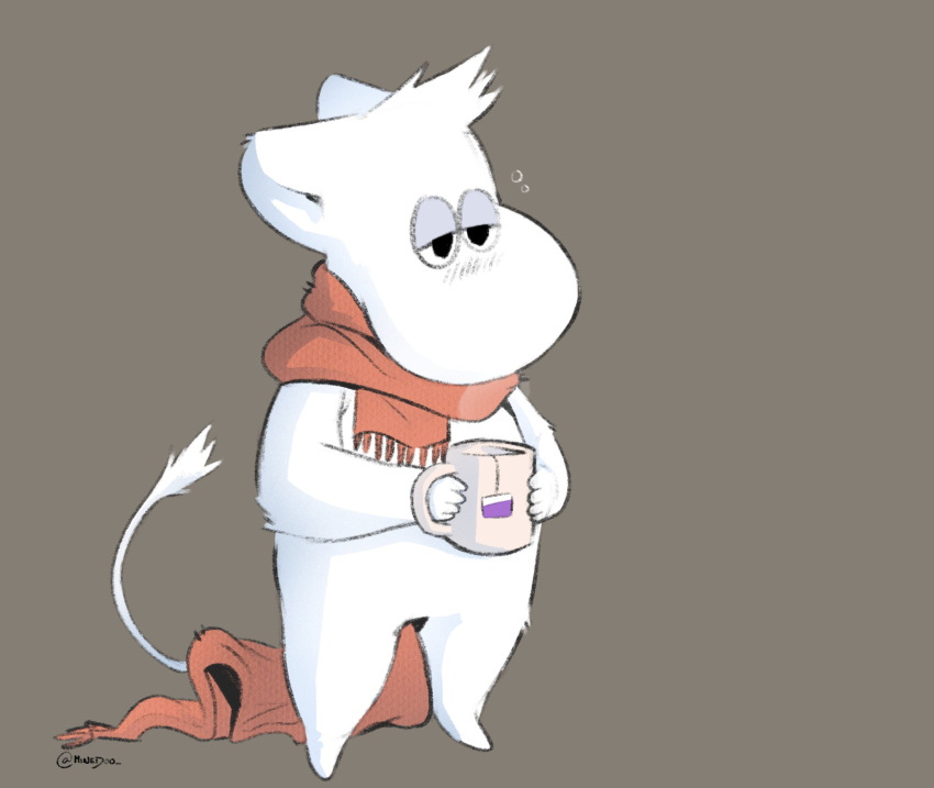 2022 ambiguous_gender anthro arm_tuft beverage black_eyes brown_background container cup elbow_tuft fan_character featureless_feet feet fur half-closed_eyes head_tuft hi_res holding_object leg_tuft minedoo moomin mug narrowed_eyes red_scarf round_ears scarf signature simple_background solo standing tail tail_tuft tea the_moomins troll_(mythology) tuft white_body white_fur