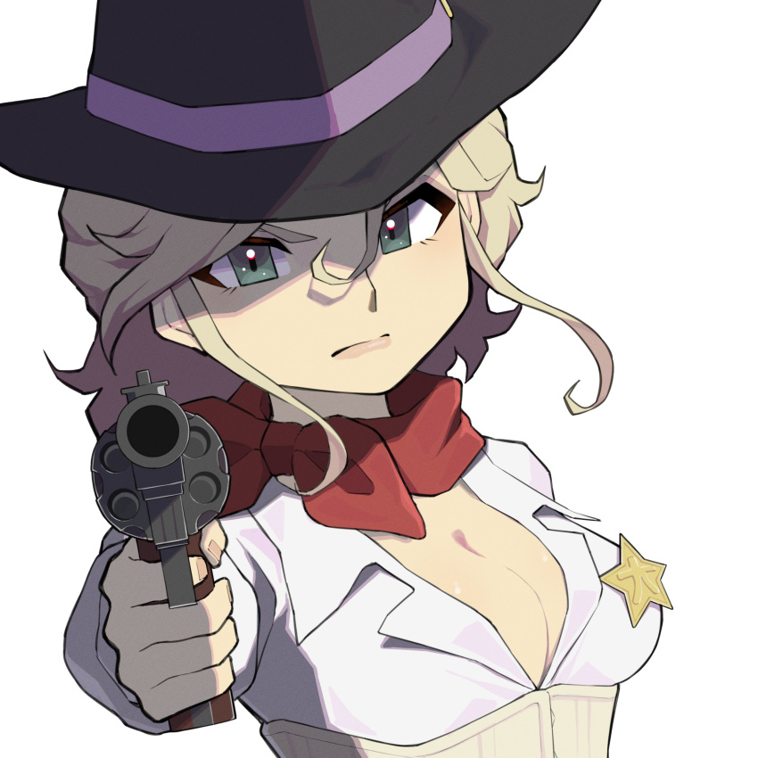 absurdres aiming aiming_at_viewer blonde_hair breasts cleavage closed_mouth cowboy_hat female girls_und_panzer green_eyes gun hat highres jane_(girls_und_panzer) looking_at_viewer nakachiruno revolver shirt short_hair star_(symbol) weapon white_shirt