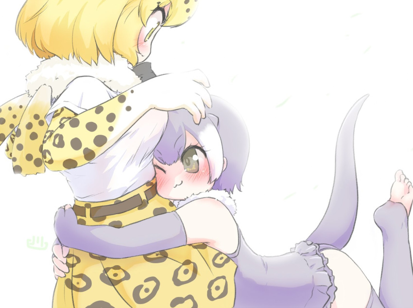 2girls :3 animal_ears bare_shoulders blonde_hair blush commentary elbow_gloves extra_ears fingerless_gloves frilled_one-piece_swimsuit frills fur_collar gloves green_eyes grey_hair grey_legwear grey_one-piece_swimsuit high-waist_skirt hug jaguar_(kemono_friends) jaguar_ears jaguar_girl jaguar_print jaguar_tail kemono_friends multicolored_hair multiple_girls one-piece_swimsuit one_eye_closed otter_ears otter_girl otter_tail print_gloves print_skirt shirt short_hair skirt sleeveless small-clawed_otter_(kemono_friends) swimsuit tail thighhighs toeless_legwear two-tone_hair uho_(uhoyoshi-o) white_fur white_hair white_shirt yellow_eyes