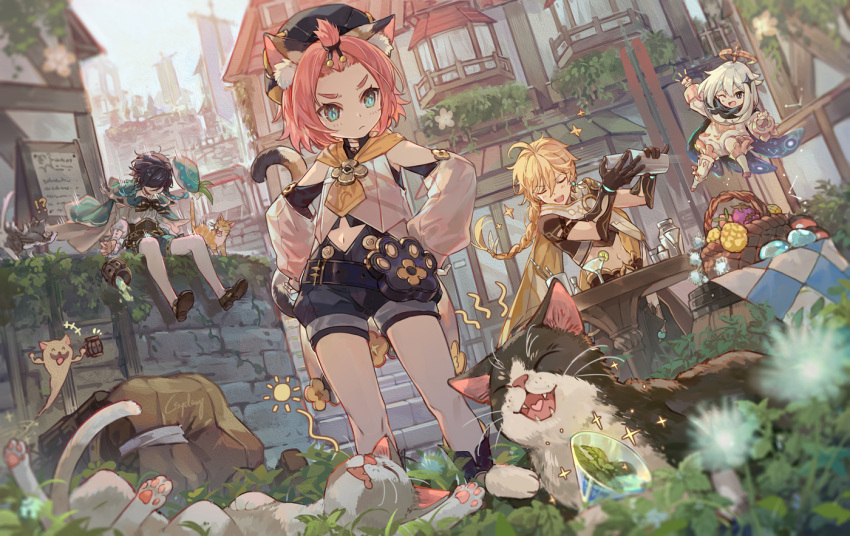 !? +++ 2boys 2girls aether_(genshin_impact) ahoge alcohol allergy androgynous animal animal_ear_fluff animal_ears bangs_pinned_back banner barrel basket beer_mug belt beret berry black_eyes black_hair blonde_hair blue_hair blush bow braid brooch building cape cat_ears cat_girl cat_tail city clenched_hands closed_eyes closed_mouth collared_cape commentary_request corset crop_top csyday cup dandelion day detached_sleeves diona_(genshin_impact) dress earrings faceless faceless_male feather_earrings feathers feline floating flower food frilled_sleeves frills fruit genshin_impact gloves gradient_hair green_eyes green_headwear green_shorts hair_between_eyes hair_ornament halo hand_on_own_hip hat hat_flower holding jewelry leaf lime_(fruit) lime_slice lolicon long_hair long_sleeves midriff mug multicolored_hair multiple_boys multiple_girls mushroom navel notice_lines one_eye_closed open_mouth outdoors paimon_(genshin_impact) pantyhose paw_print paw_print_palms pink_hair romper scarf scenery shaking shirt shoes short_hair short_hair_with_long_locks shorts single_earring sitting smile sneezing sparkle stairs standing stone_stairs stone_wall table tail thick_eyebrows thighhighs twin_braids venti_(genshin_impact) wall whiskers white_dress white_flower white_hair white_pantyhose white_romper white_shirt window yawning