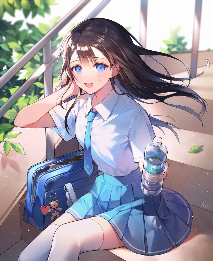 :d absurdres azit_(down) bag bag_charm black_hair blue_eyes blue_skirt bottle charm_(object) collared_shirt commentary day female floating_hair highres holding holding_bottle leaf long_hair looking_at_viewer open_mouth original outdoors pleated_skirt railing school_bag school_uniform shirt short_sleeves signature sitting skirt smile solo stairs summer symbol-only_commentary thighhighs uniform water_bottle white_shirt white_thighhighs zettai_ryouiki