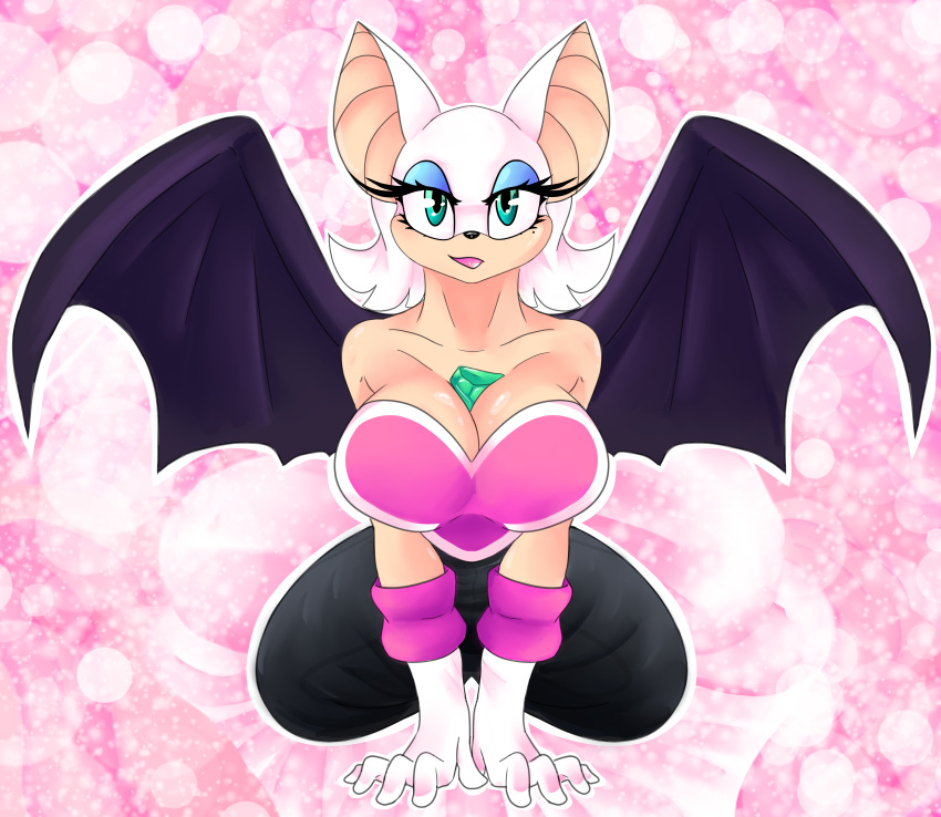 absurd_res anthro bat bed bedroom bedroom_eyes big_breasts breast_squish breasts cassielink clothing collarbone colored digital_media_(artwork) ears_up emerald_(gem) eyelashes eyeshadow female fur furniture gem gloves green_eyes handwear hi_res lashes lips lipstick looking_at_viewer makeup mammal narrowed_eyes pillow pink_background pinup pose rouge_the_bat seductive sega sexy_eyes simple_background sitting smile solo sonic_the_hedgehog_(series) sparkles sparkling_background spread_wings squish thick_thighs topwear white_body white_fur wings