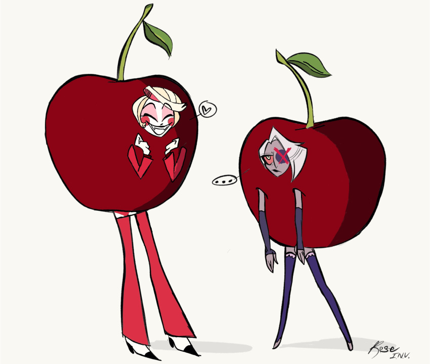 anthro charlie_morningstar cherry cherry_costume clothing costume demon duo female food food_costume fruit hazbin_hotel hi_res human kigtoons mammal plant theroseinvasion vaggie_(hazbin_hotel)