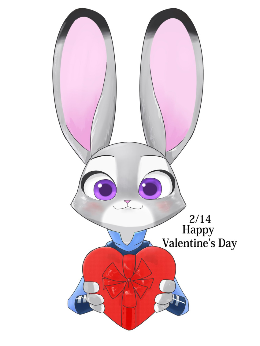 2017 3:4 alternate_version_at_source anthro blush clothed clothing digital_media_(artwork) dipstick_ears disney ear_markings english_text fur grey_body grey_fur hi_res holding_object holiday_message holidays judy_hopps lagomorph leporid mammal multicolored_ears purple_eyes rabbit shaded simple_background solo swetpot text unavailable_at_source valentine's_day white_background zootopia