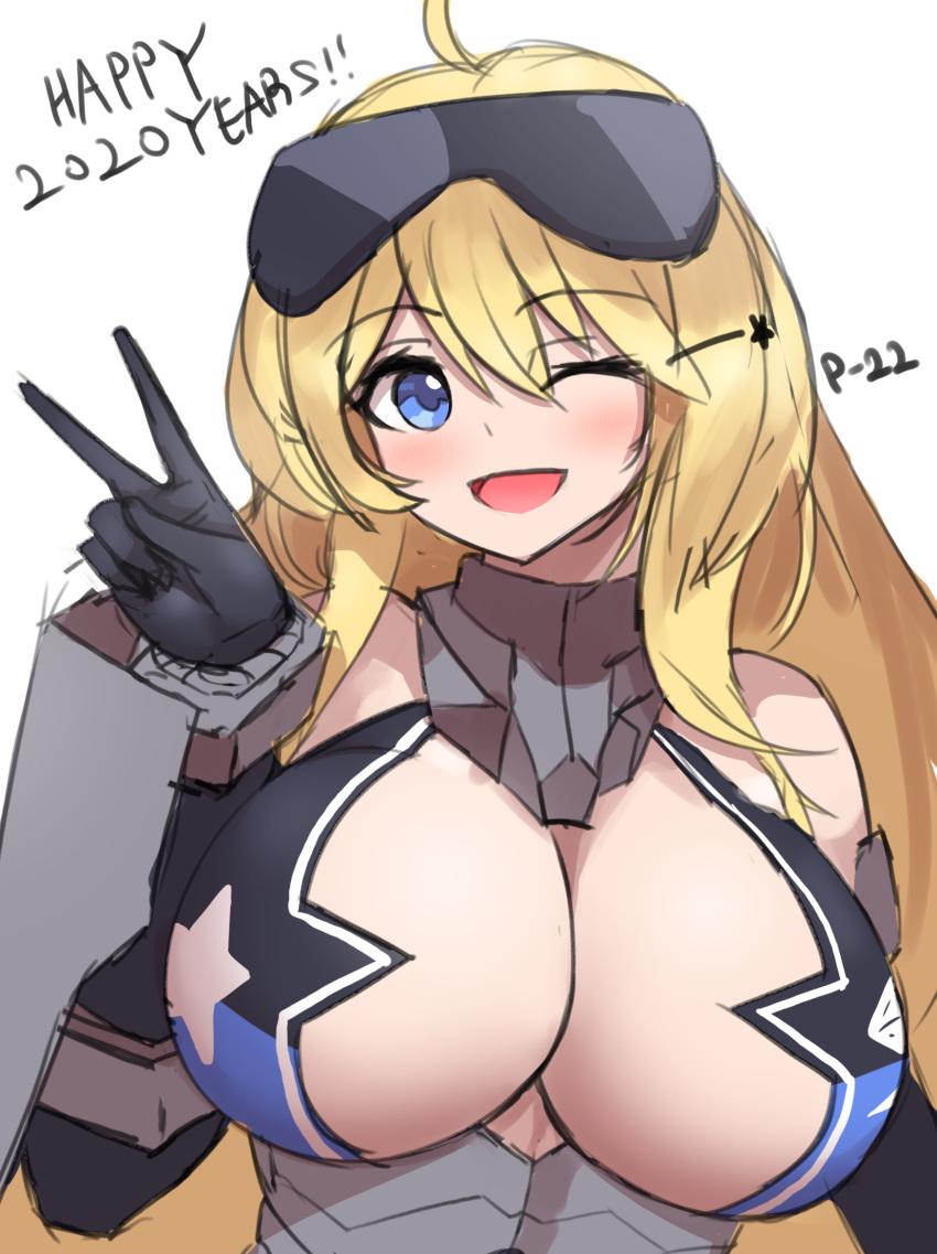 ahoge blonde_hair blue_eyes blush breasts character_name cho!cho! commentary_request female goggles goggles_on_head hair_between_eyes happy_new_year harpyia_(last_origin) highres huge_breasts last_origin looking_at_viewer new_year one_eye_closed open_mouth simple_background smile solo v white_background