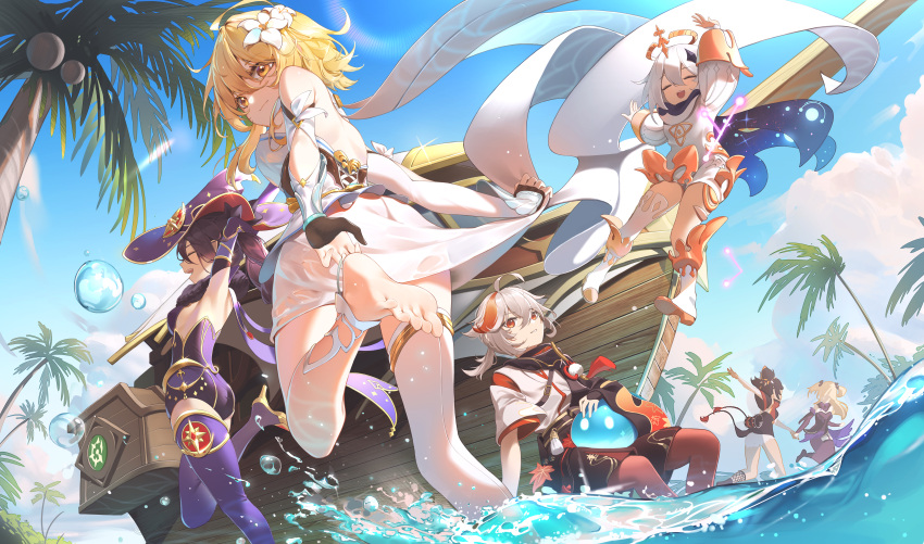 1boy 5girls :d absurdres ahoge armpits barefoot beach black_gloves black_hair black_shorts blonde_hair blue_leotard blue_sky blue_thighhighs boots breasts chinese_commentary closed_eyes closed_mouth cloud coconut_tree commentary_request creature_on_lap day detached_sleeves dress fischl_(genshin_impact) fishnets flower fur_collar genshin_impact gloves grey_hair hair_between_eyes hair_flower hair_ornament halo hat high_heels highres kaedehara_kazuha leotard long_hair long_sleeves looking_at_viewer looking_back lumine_(genshin_impact) medium_breasts mona_(genshin_impact) mona_(pact_of_stars_and_moon)_(genshin_impact) multicolored_hair multiple_girls outdoors paimon_(genshin_impact) palm_tree parted_lips partially_fingerless_gloves ponytail red_hair river_(river_ga) romper ship shirt short_sleeves shorts single_thighhigh sky slime_(genshin_impact) smile standing standing_on_one_leg streaked_hair thigh_boots thighhighs tree twintails two_side_up watercraft waverider_(genshin_impact) white_dress white_flower white_footwear white_hair white_romper white_shirt white_thighhighs witch_hat xinyan_(genshin_impact) yellow_eyes