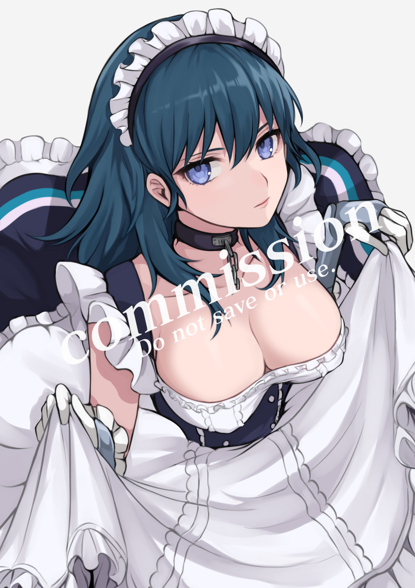 absurdres apron apron_hold azur_lane bangs banned_artist belfast_(azur_lane) belfast_(azur_lane)_(cosplay) black_choker blue_eyes blue_hair breasts byleth_(fire_emblem) byleth_(fire_emblem)_(female) chains choker cleavage commentary cosplay dress female fire_emblem fire_emblem:_three_houses gloves grey_background hair_between_eyes highres large_breasts long_hair looking_at_viewer low_neckline maid maid_apron maid_headdress shimizu_akina simple_background solo white_apron white_gloves