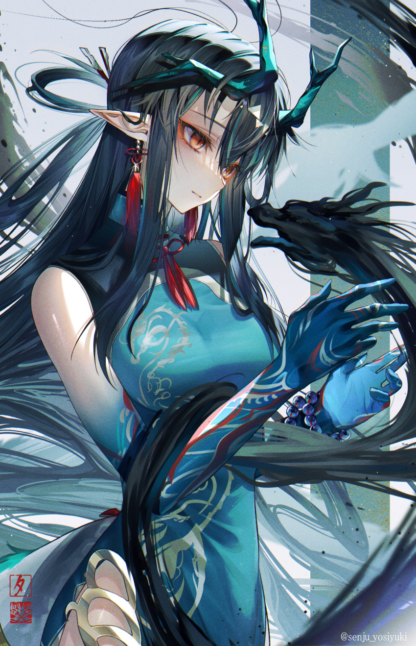 arknights bare_shoulders black_hair blue_skin china_dress chinese_clothes colored_skin dress dusk_(arknights) dusk_(everything_is_a_miracle)_(arknights) earrings eyeliner female highres horns jewelry long_hair makeup orange_eyes pointy_ears red_eyes senju_yosiyuki slit_pupils solo