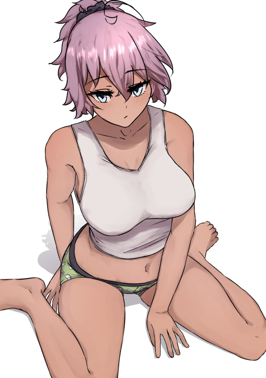 alternate_costume aoba_(kancolle) barefoot breasts female green_eyes green_panties highres ikadamo kantai_collection looking_at_viewer messy_hair midriff navel panties ponytail purple_hair short_hair simple_background sitting solo tan tank_top underwear wariza white_background white_tank_top