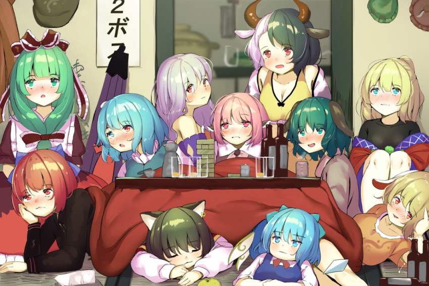 6+girls against_wall animal_ear_piercing animal_ears arm_support bad_id bad_pixiv_id bare_shoulders black_hair black_shirt blue_eyes blue_hair blue_vest blurry blush bottle bow breasts cat_ears chen choko_(cup) cirno cleavage closed_umbrella commentary_request cow_ears cow_horns crop_top cup daiyousei depth_of_field dress drinking_glass drunk expressionless fairy_wings front_ponytail frown green_eyes green_hair hair_between_eyes hair_ribbon hairbow hat hat_rack head_rest head_tilt heterochromia horns indoors jenga jewelry kagiyama_hina kasodani_kyouko kotatsu large_breasts leaning_forward legs_together light_purple_hair long_sleeves looking_at_viewer looking_away looking_up lying lying_on_another lying_on_person mizuhashi_parsee multicolored_hair multiple_girls mystia_lorelei nose_blush off_shoulder on_side on_stomach open_mouth orange_shirt pink_hair piyodesu ponytail pot rabbit_ears red_dress red_eyes red_hair red_horns ribbon ringo_(touhou) sakata_nemuno sekibanki shirt short_sleeves shot_glass sitting sleeping split-color_hair standing table tatami tatara_kogasa tokkuri touhou two-tone_hair umbrella under_kotatsu under_the_table unworn_hat unworn_headwear ushizaki_urumi vest white_hair white_shirt wings yunomi