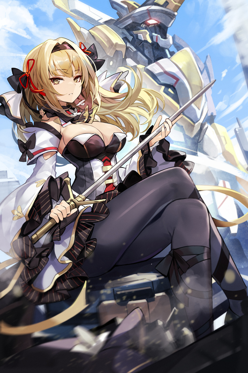 black_pantyhose black_ribbon blonde_hair blue_sky breasts cleavage crossed_legs day detached_collar detached_sleeves female final_gear frills goomrrat hair_intakes hair_ornament hair_ribbon headband highres large_breasts leg_ribbon long_hair long_sleeves looking_at_viewer mecha outdoors pantyhose parted_lips ribbon robot shirt sitting sky solo taysia_graft_(final_gear) wide_sleeves yellow_eyes