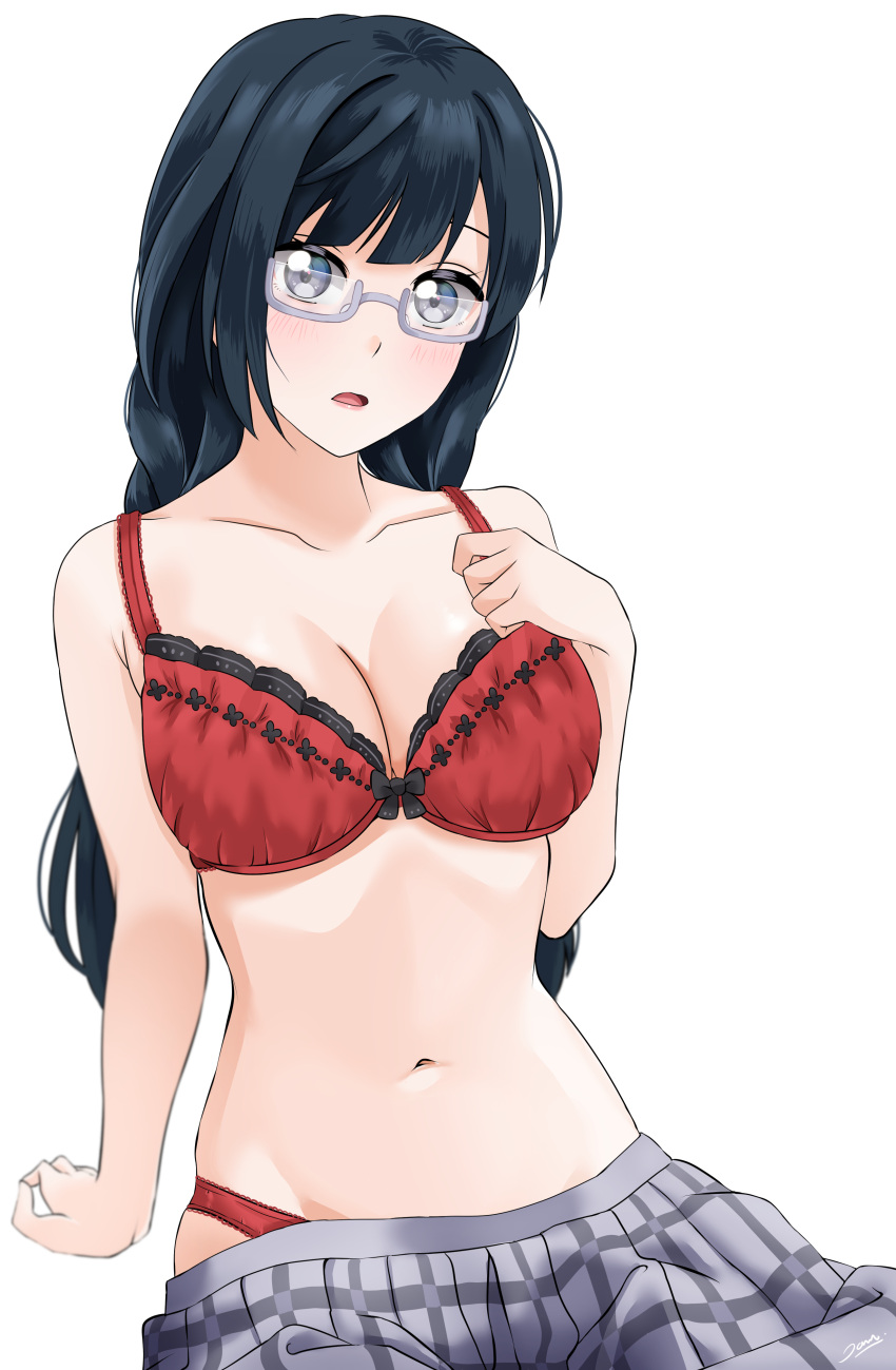 absurdres arm_support black_hair blush bra breasts female grey_skirt hand_on_own_chest highres jamu2838 lace-trimmed_bra lace_trim long_hair looking_at_viewer loose_skirt love_live! love_live!_nijigasaki_high_school_idol_club medium_breasts nakagawa_nana navel open_mouth panties plaid plaid_skirt red_bra red_panties semi-rimless_eyewear skirt solo under-rim_eyewear underwear yuki_setsuna_(love_live!)