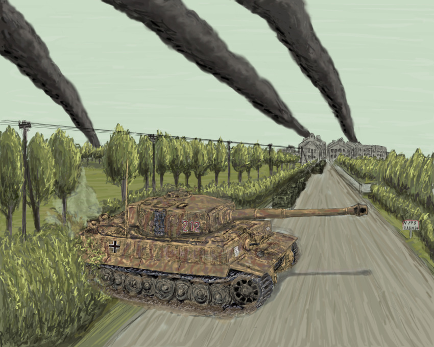 building caterpillar_tracks commentary_request cross day grass iron_cross legionarius military military_vehicle motor_vehicle no_humans original outdoors road sky smoke tank tiger_i town traditional_media tree utility_pole vehicle_focus world_war_ii