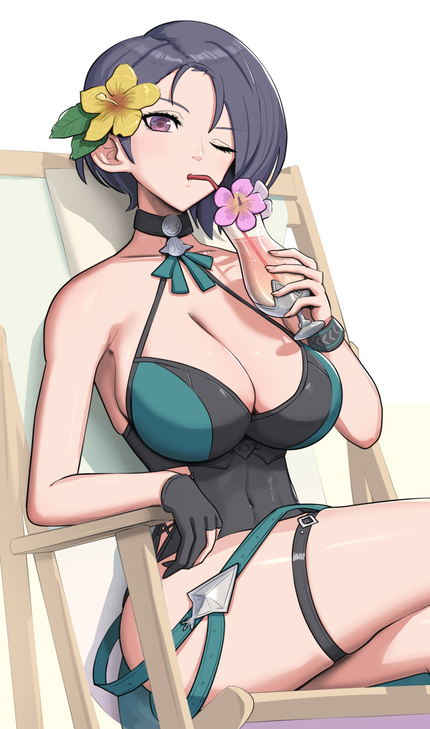 absurdres bare_shoulders beach_chair black_choker black_gloves black_hair black_one-piece_swimsuit breasts casual_one-piece_swimsuit choker cocktail_glass commentary crossed_legs cup drinking drinking_glass drinking_straw female fire_emblem fire_emblem:_three_houses fire_emblem_heroes flower gloves gonzarez green_one-piece_swimsuit hair_flower hair_ornament halterneck hibiscus highres holding holding_cup large_breasts looking_at_viewer official_alternate_costume one-piece_swimsuit one_eye_closed partially_fingerless_gloves purple_eyes shamir_nevrand shamir_nevrand_(summer) short_hair simple_background single_glove sitting solo swimsuit thigh_strap tropical_drink two-tone_swimsuit