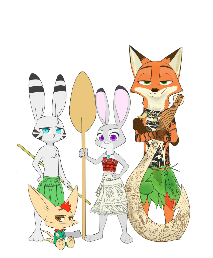 2017 3_toes 4_fingers absurd_res anthro barefoot big_ears blue_eyes bottomwear brown_body brown_eyes brown_fur canid canine clothed clothing crossed_arms dipstick_ears disney ear_markings feet female fennec_fox fingers finnick_(zootopia) fox fur gloves_(marking) grass_skirt green_eyes grey_body grey_fur group hand_on_hip hi_res holding_object hook jack_savage judy_hopps lagomorph leporid long_ears looking_at_viewer male mammal markings midriff moana moana_waialiki multicolored_ears nick_wilde purple_eyes rabbit red_fox simple_background sitting skirt smile standing swetpot tattoo toes topless topwear true_fox tube_top white_background white_body white_fur zootopia