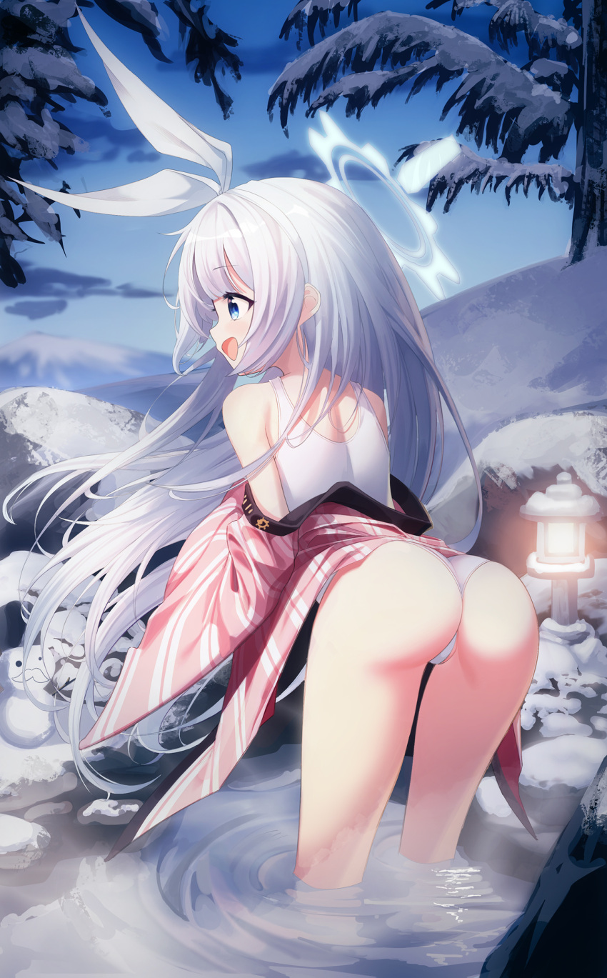 animal_ears ass bare_shoulders bath_yukata bent_over blue_archive blue_eyes blush breasts cherino_(blue_archive) cherino_(hot_spring)_(blue_archive) fake_animal_ears female from_behind hair_ribbon halo highres japanese_clothes ju-ok kimono lamp long_hair looking_back off_shoulder onsen open_mouth outdoors rabbit_ears ribbon rock sky smile snow solo standing steam swimsuit swimsuit_under_clothes thighs tree very_long_hair wading water white_hair winter yukata